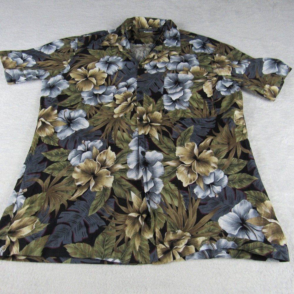 David Taylor Hawaiian Shirt Men's Medium Black Tropical Floral Camp S/S - Picture 7 of 8